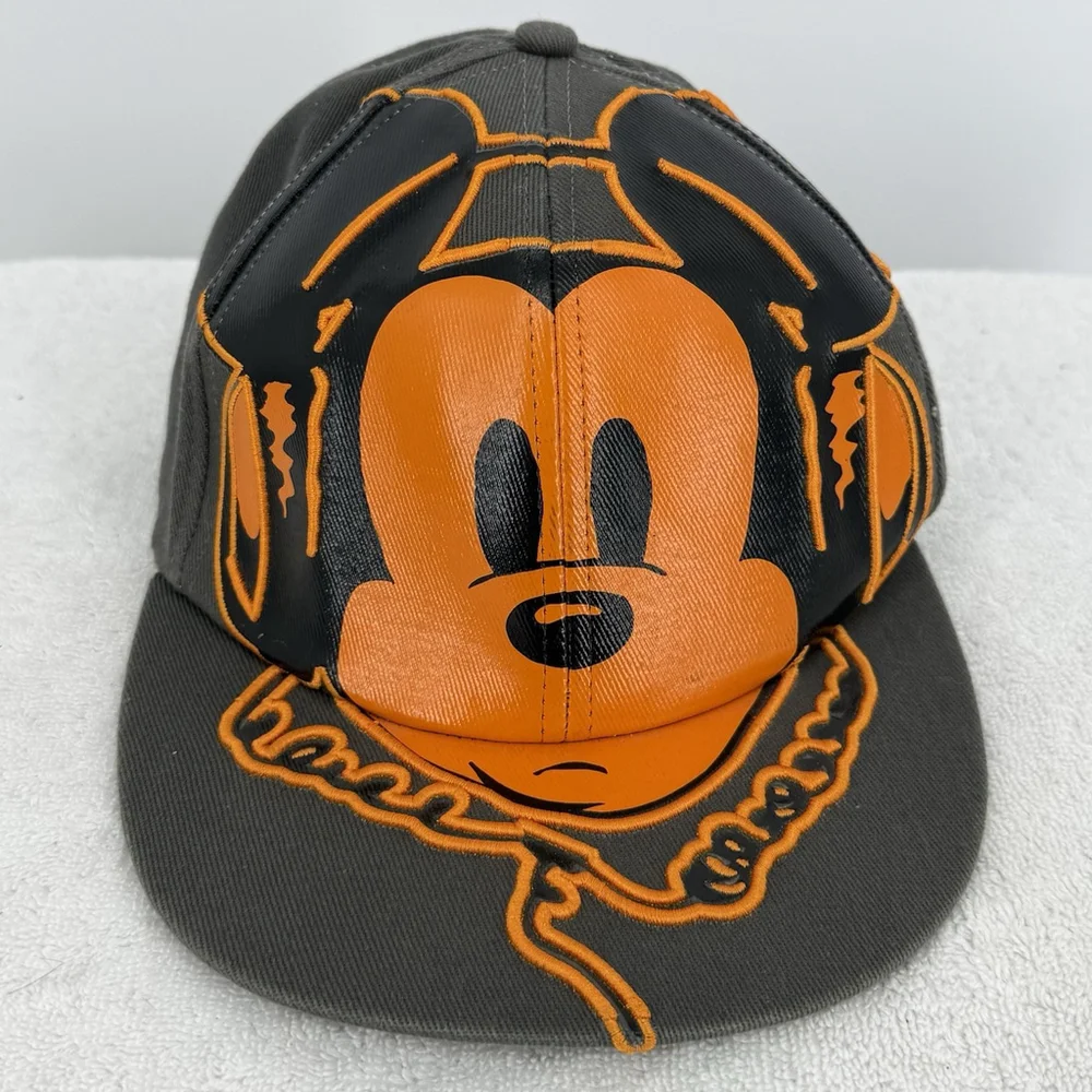 Disney Parks Gray Orange DJ Mickey Headphones Flat Bill FlexFit Baseball Cap Hat